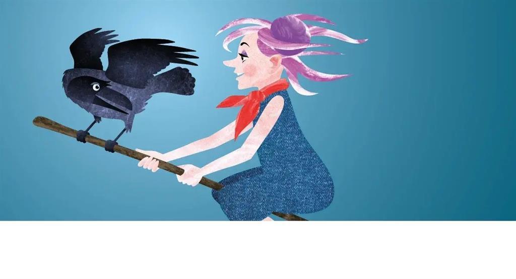 Kleine Hexe auf Besen mit Raben